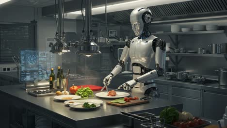a futuristic kitchen scene featuring a high-tech robot chef skillfully preparing gourmet dishes with precision and care in a modern culinary environment