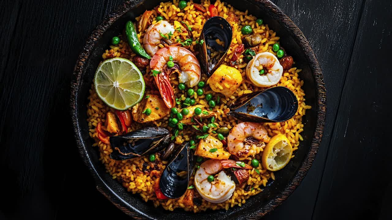 una deliciosa paella con mariscos