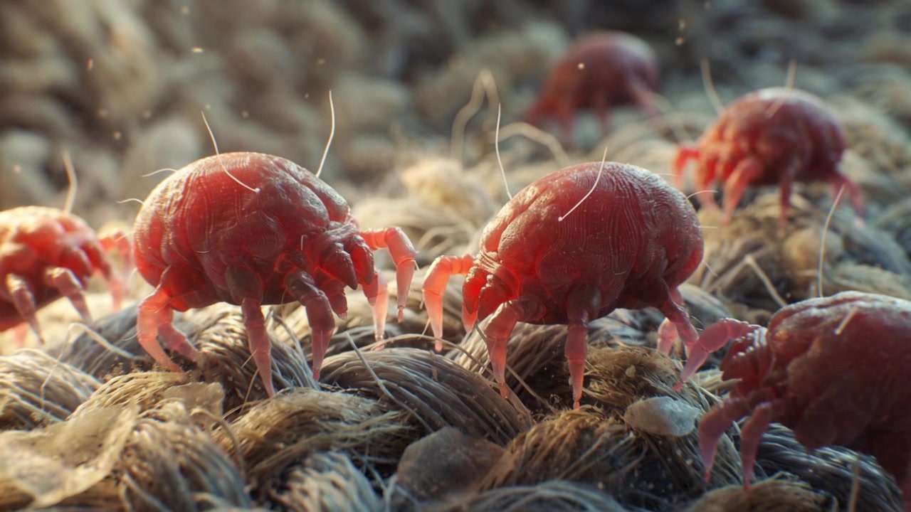 Vista microscopica di acari della polvere che strisciano su fibre di tessuto