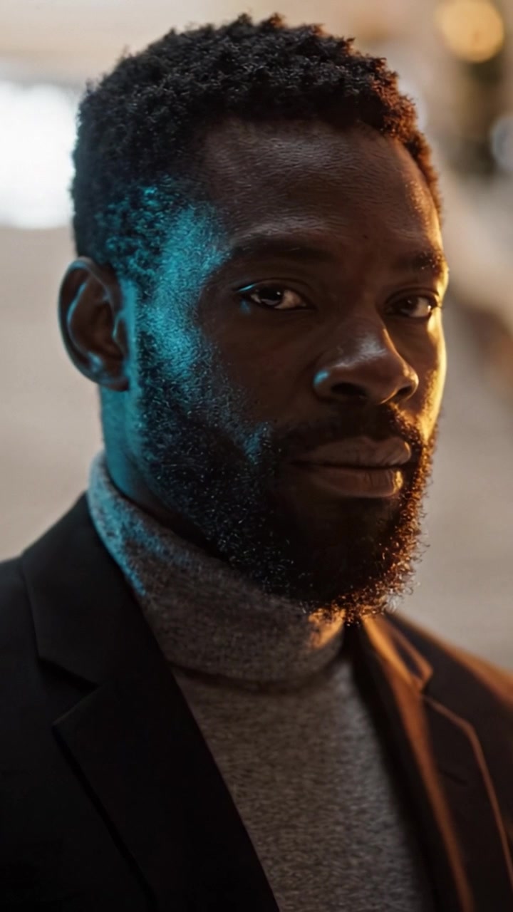 Un primo piano accattivante di un uomo sicuro di sé con una barba elegante e un dolcevita in un ambiente con illuminazione soffusa, che emana carisma e compostezza nella sua espressione.