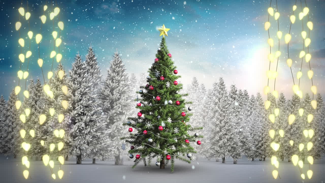 겨울 풍경에 매달린 요정 불과 크리스마스 트리 위에 내리는 눈의 애니메이션