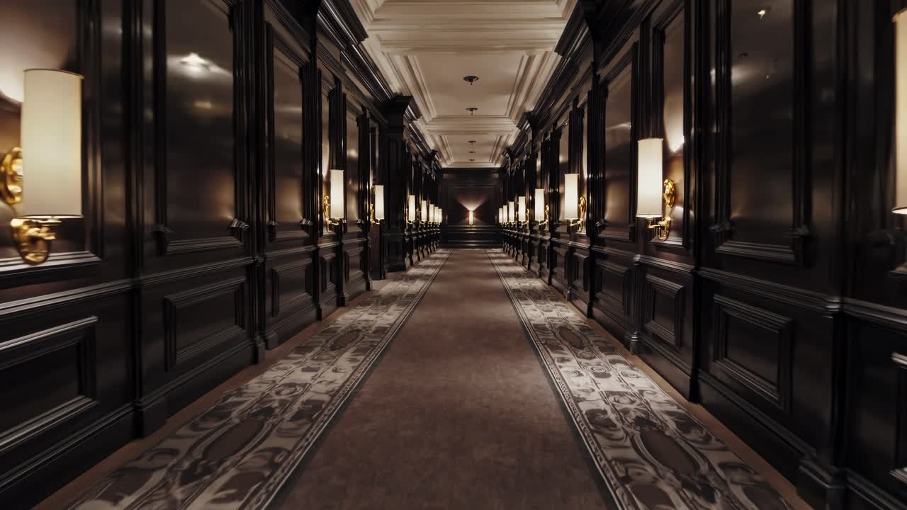 Soft warm illumination gracefully highlighting dark wood paneling, creating refined hospitality ambiance with elegant carpeted hallway stretching into quiet perspective