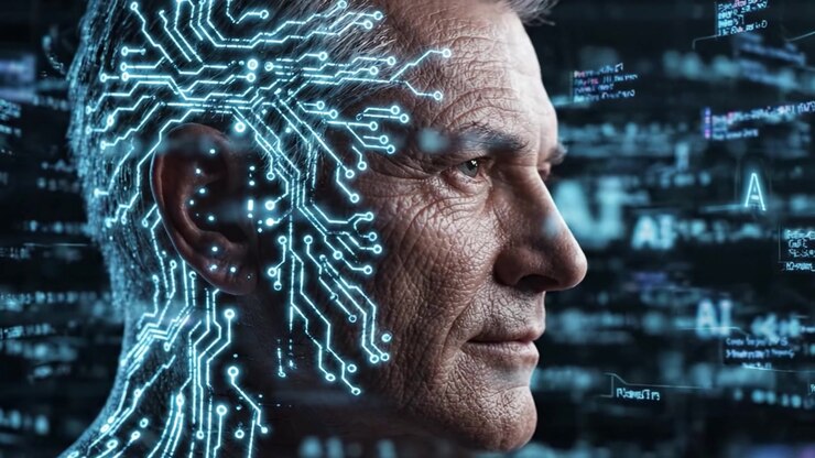 Esplorando l'intersezione tra umanità e tecnologia: un ritratto di un uomo arricchito da elementi digitali che rappresentano l'IA e la connettività neurale.