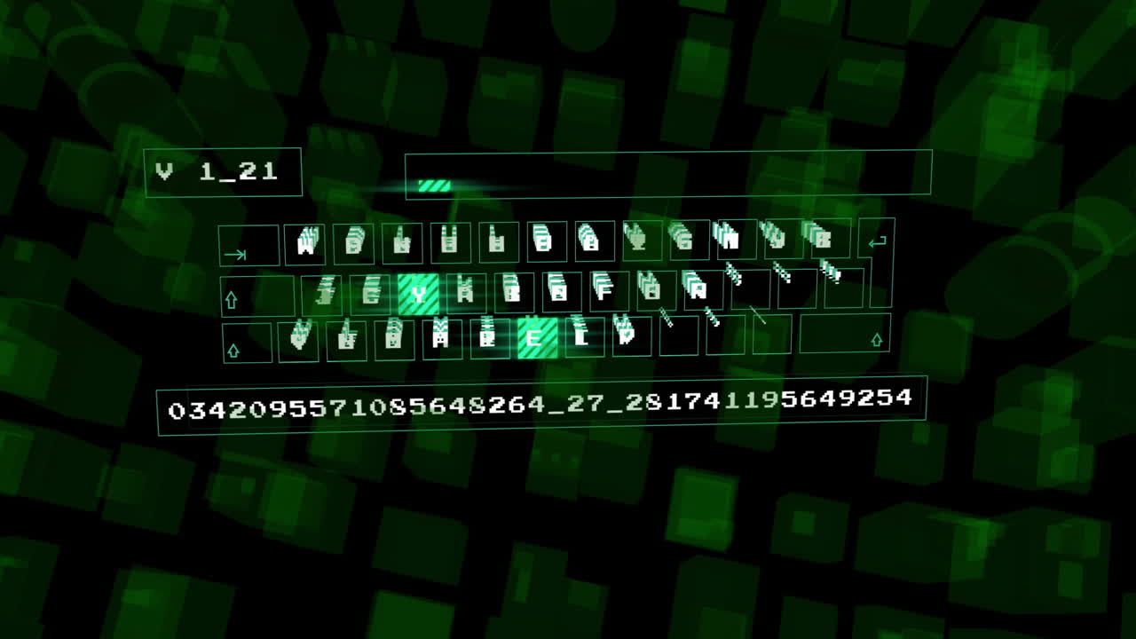 Digital animation with numbers and icons overlaying geometric pattern background