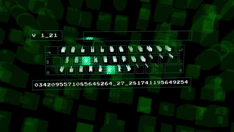 digital animation with numbers and icons overlaying geometric pattern background