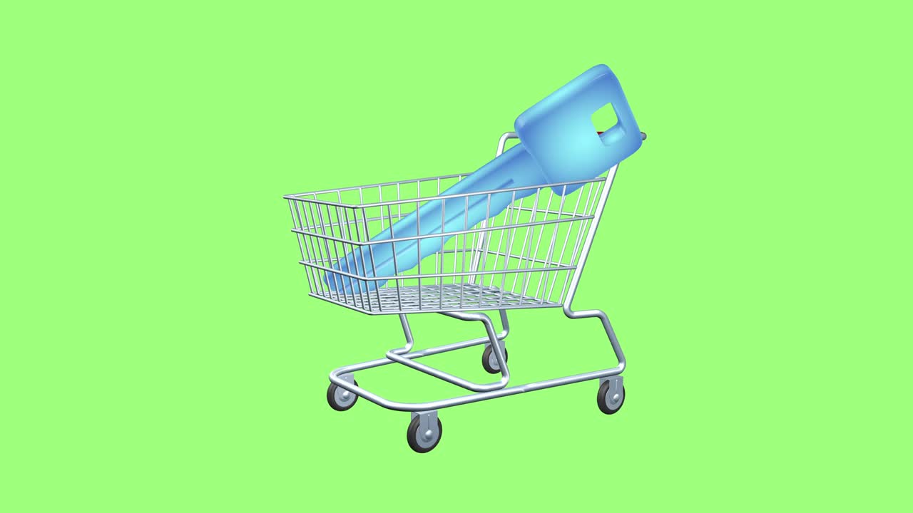 열와 식료품 바구니의 가상 표지판은 무역의 상징이며, 액세스 비밀번호의 판매 및 구매 애니메이션, 녹색 화면 고립, 렌더링 3d 애니메이션.