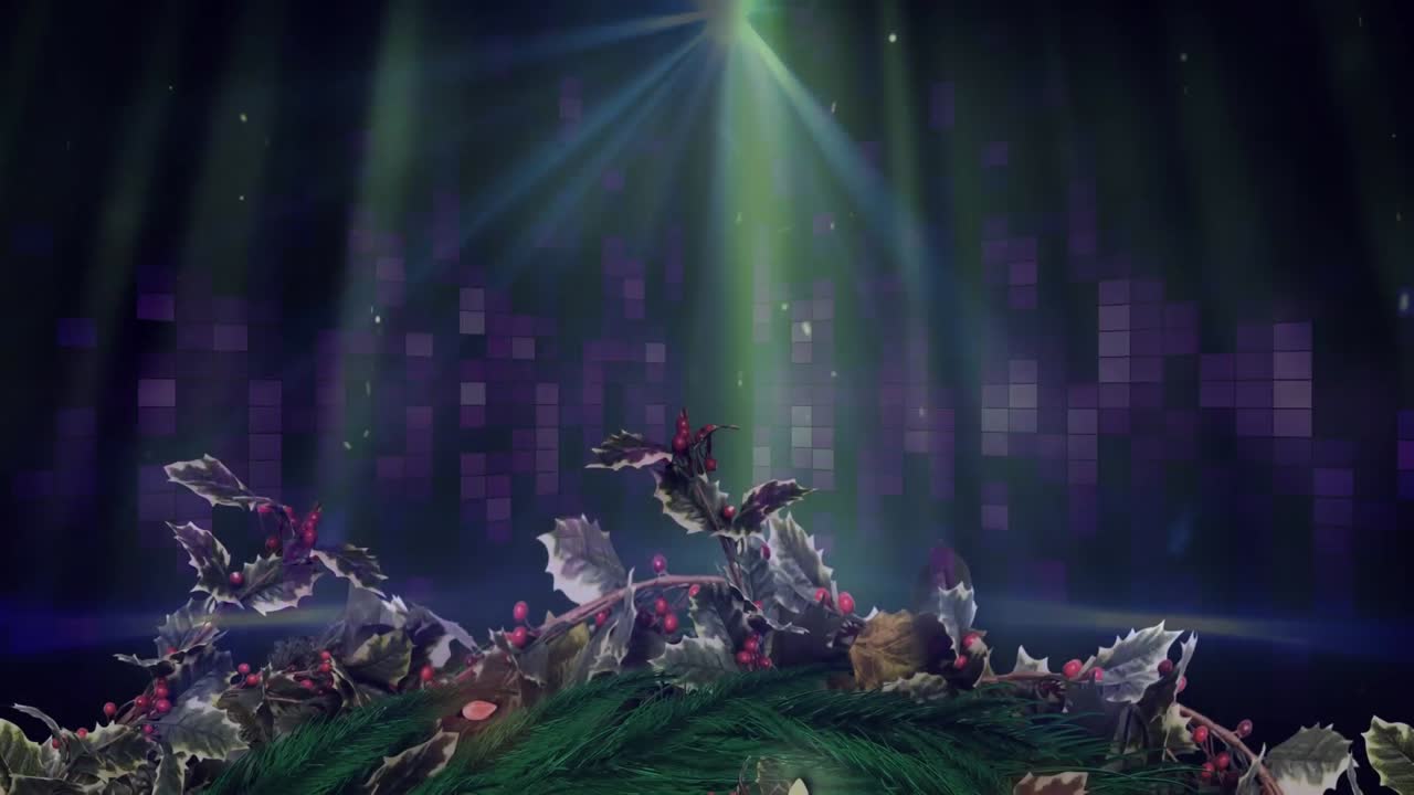 스포트라이트와  ⁇ 박이는 빛의 벽과 함께 크리스마스 꽃받침의 애니메이션