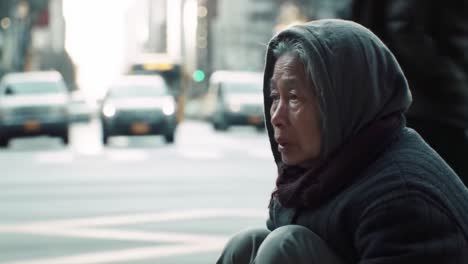 a homeless woman sits on a city street corner, lost in thought as pedestrians pass by. the morning light highlights the contrast between her stillness and the bustling urban environment.