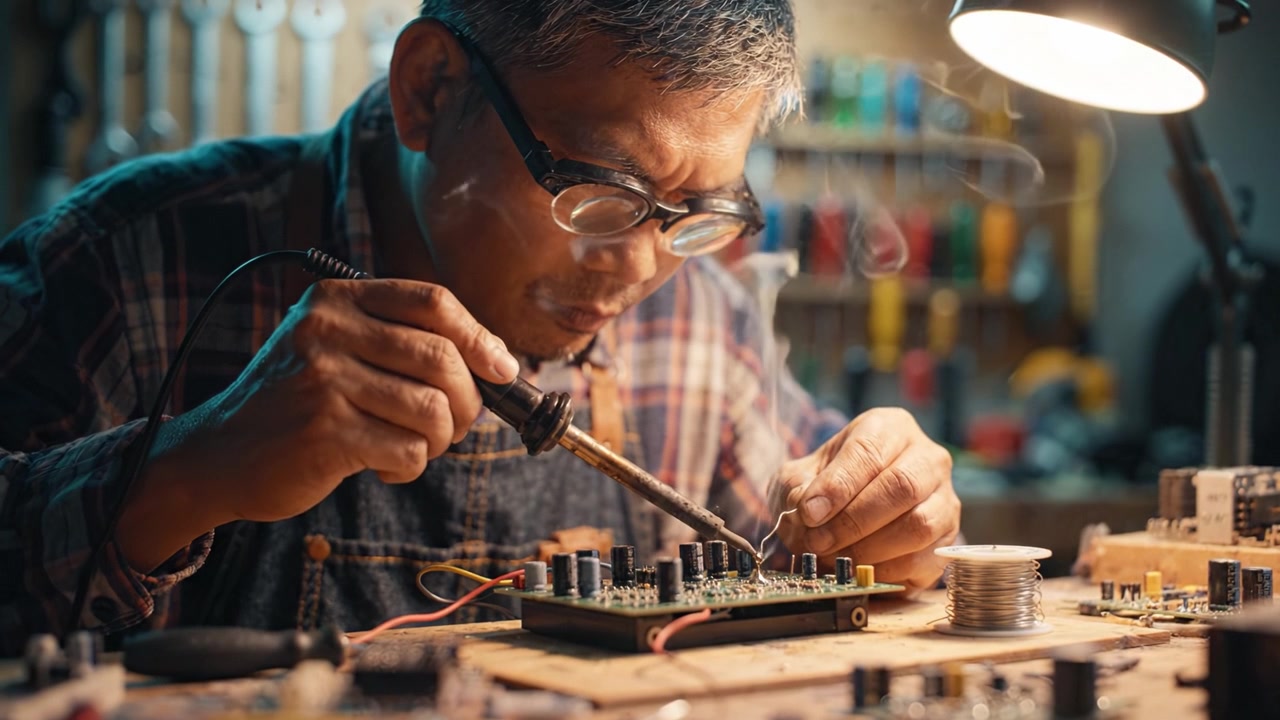 Técnico habilidoso focado na montagem intrincada de placas de circuito, soldando componentes com precisão em uma oficina bem equipada, cheia de ferramentas e peças eletrônicas.