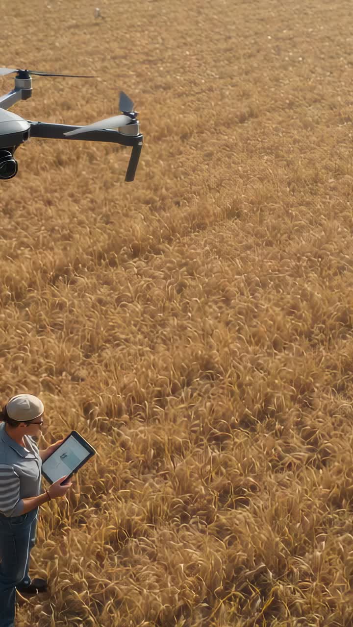 Vertical video: Walking man using tablet inspecting wheat as drone nearing field in cap, copy space