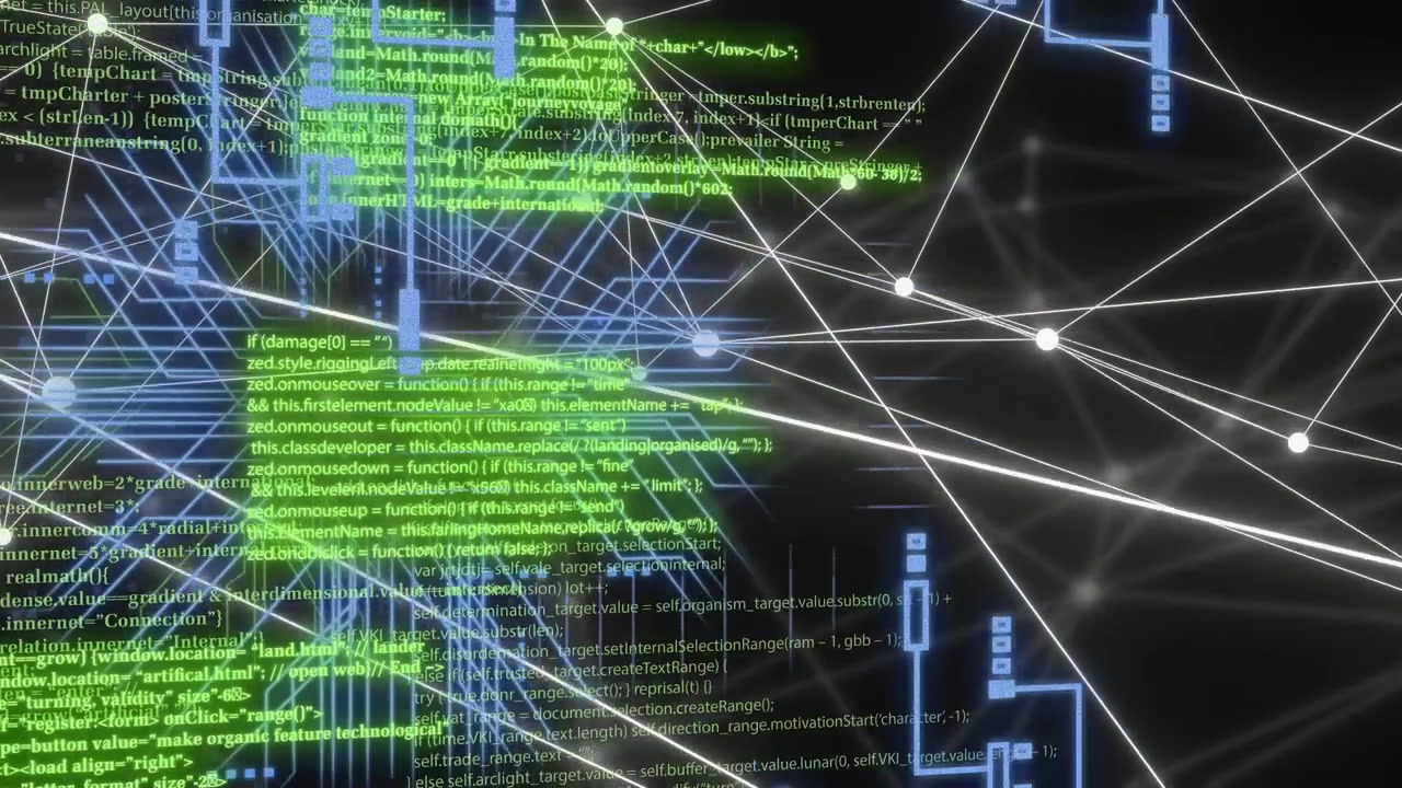 White node web appearing, network pulsing and expanding as neon circuits and code visualizing data