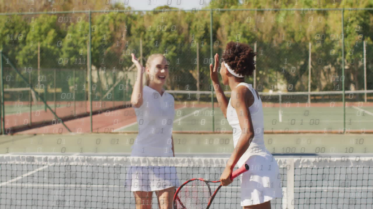 Two tennis players celebrating high five at net, showcasing sports marketing chart overlay
