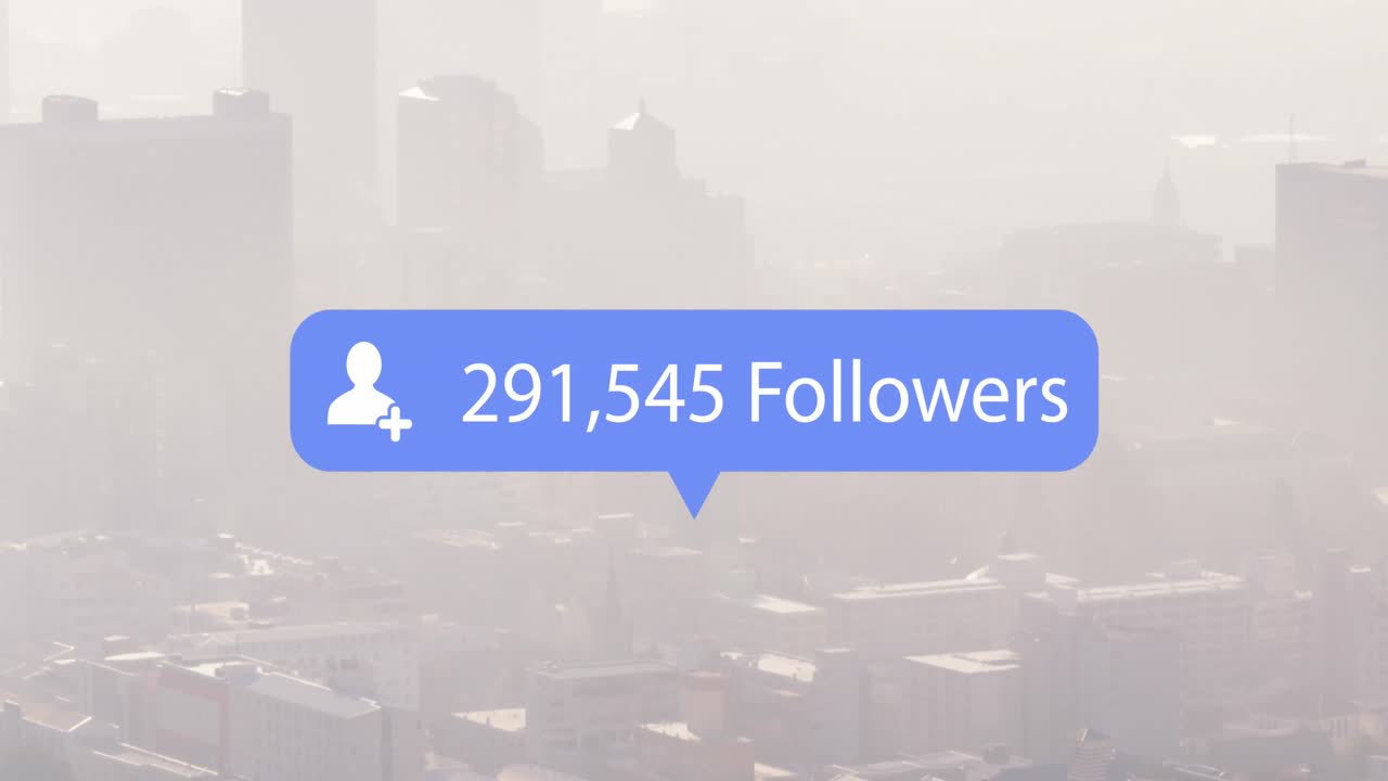 Animation of social media icon and data processing over cityscape