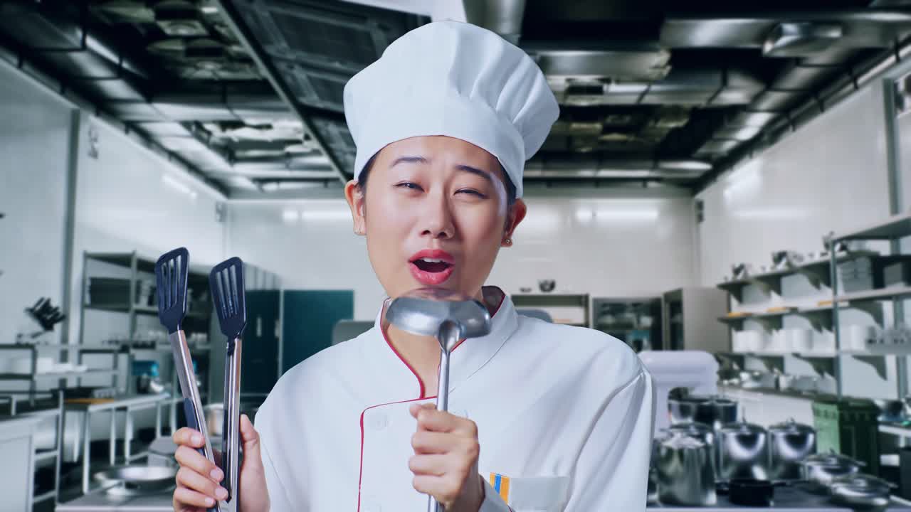 chef sosteniendo utensilios de cocina en una cocina