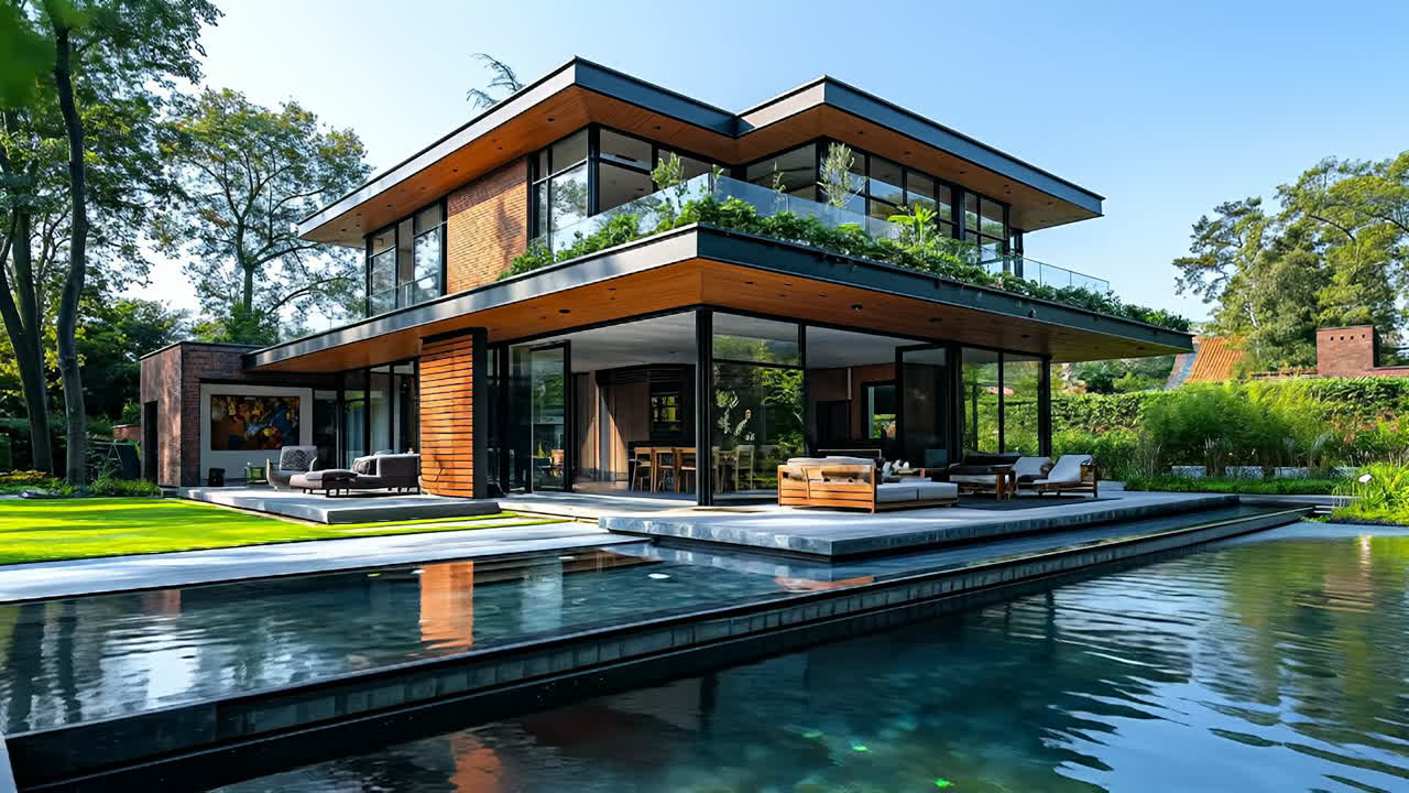 Daylit home with garden and pool. A house stands with large glass windows and a pool. Green plants surround the area and the sun shines bright