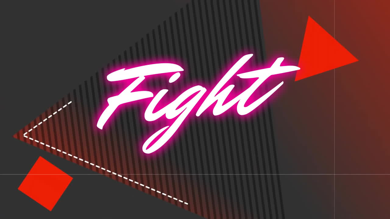 Neon pink animation text with geometric shapes on dark striped background