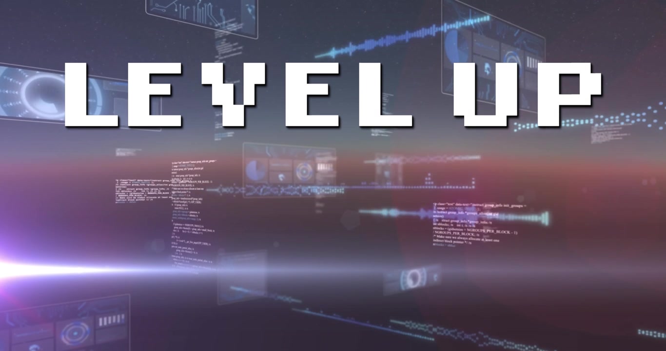 Animation of level up text over scope scanning and data processing