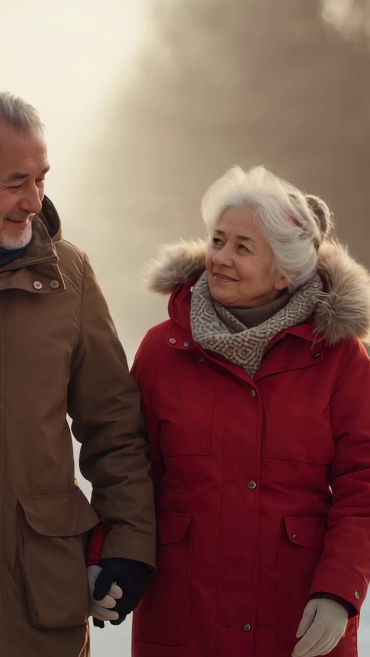 Video verticale: coppia di anziani che camminano tenendosi per mano, sentendo freddo su un sentiero con parka rosso e cappotto marrone