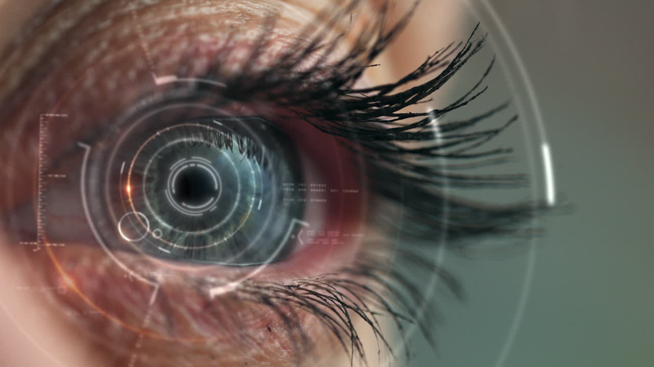 A detailed close-up of the human retina illuminated by a holographic display, projecting real-time data and interactive visual elements.