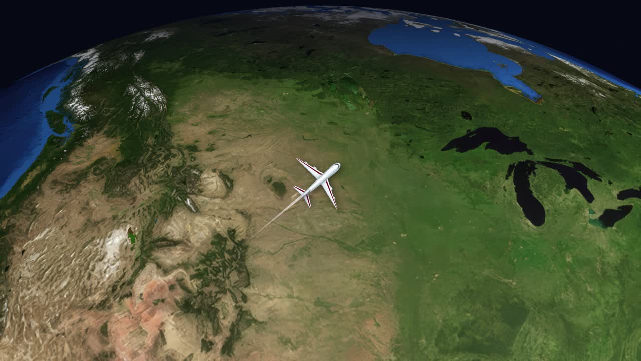 Animation af satellitvisning følger et kommercielt fly, der flyver fra Phoenix, Arizona til Frankfurt, Tyskland