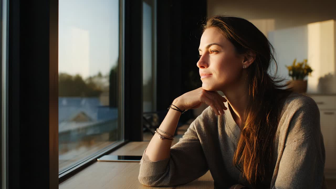 Contemplative Reflection: A Young Woman Lost in Thoughts While Gazing Out the Window at Sunset, Bathed in Soft Light, Capturing Moments of Serenity and Introspection in a Cozy Setting