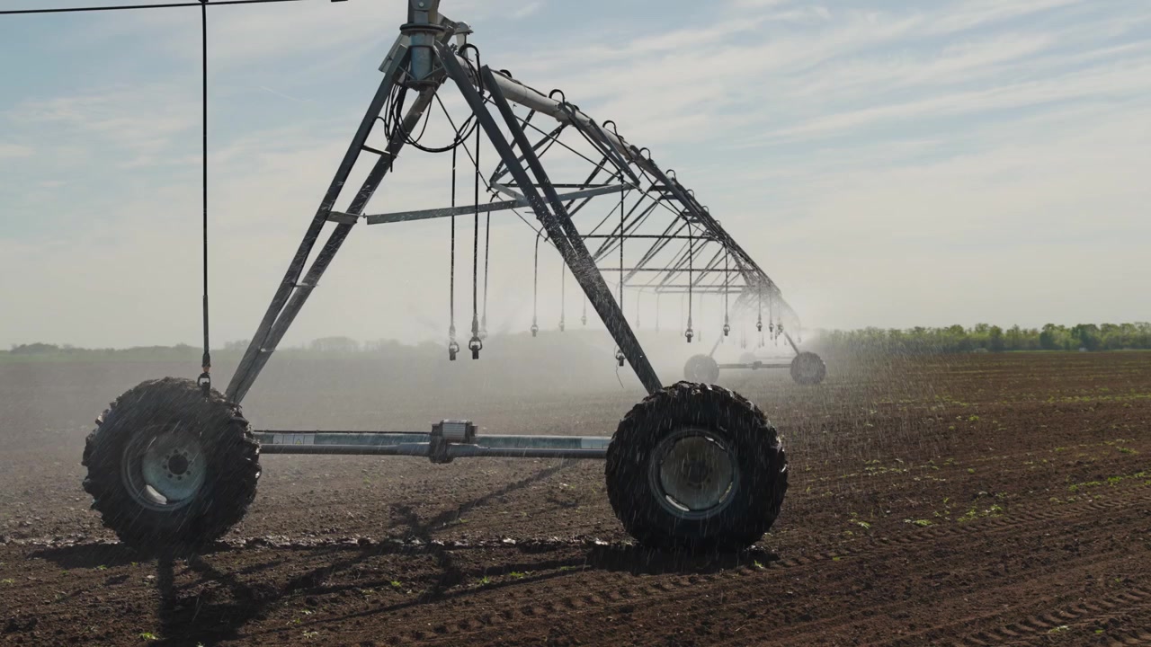 Sistema di irrigazione in azione che spruzza acqua su un campo agricolo per un'irrigazione efficiente delle colture e un'agricoltura sostenibile. Sistema di irrigazione su ruote.