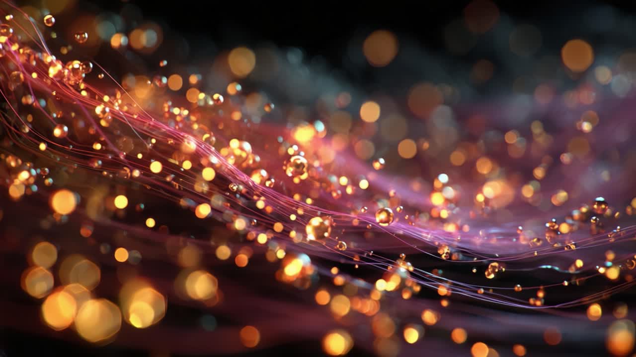 Particelle e linee astratte dorate e viola che fluiscono delicatamente su uno sfondo scuro, creando un effetto bokeh incantevole e affascinante, perfetto per concetti magici o futuristici