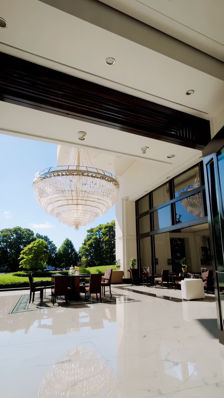Luxury House Outdoor Dining Area with Large Chandelier