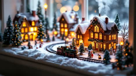 Miniature Christmas Village with Model Train in a Snowy Window Display