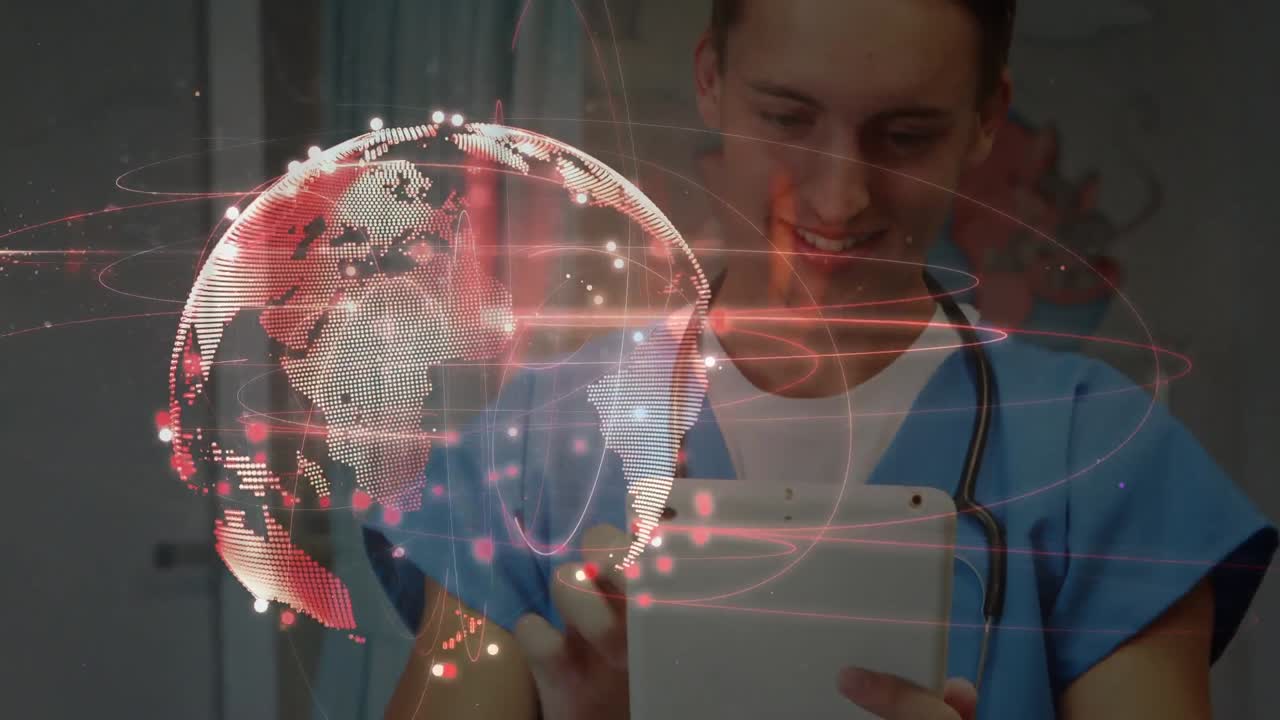 Animation of network of connections over caucasian male doctor using tablet