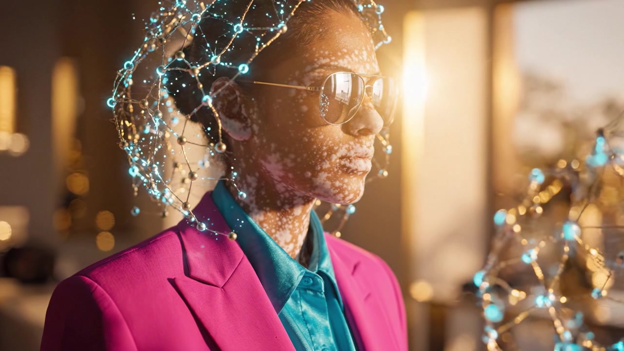 Ritratto futuristico di un individuo elegante con elementi digitali innovativi che rappresentano tecnologia e connettività in un ambiente moderno.