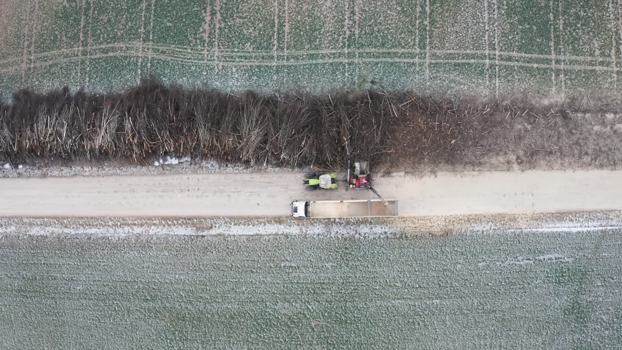 High aerial view of pile of tree branches and heavy wood chipper machinery