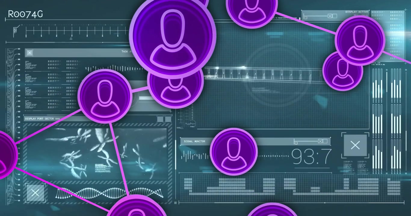 Network of user icons and data processing animation over digital interface