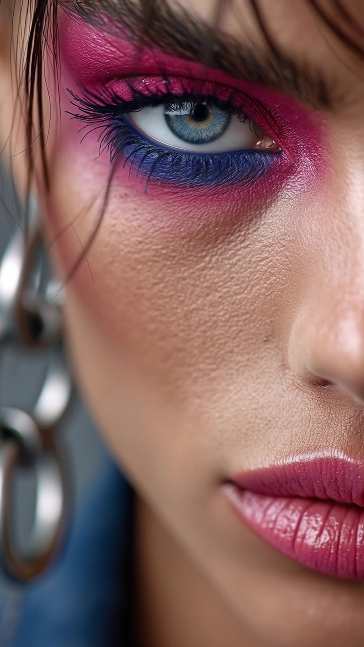 Extreme close up of a woman's eye with bright pink and blue eyeshadow and bold lashes