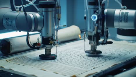 advanced robotic technology in action: precision instruments digitally reproducing intricate manuscript patterns on vintage paper using state-of-the-art techniques