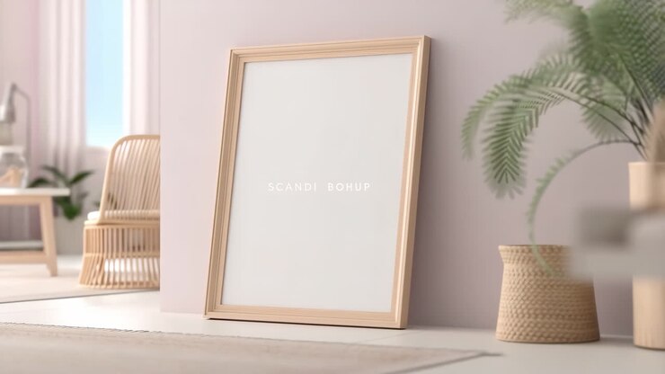 Leeres Bilderrahmen-Mockup in einem Wohnzimmer im skandinavischen Stil