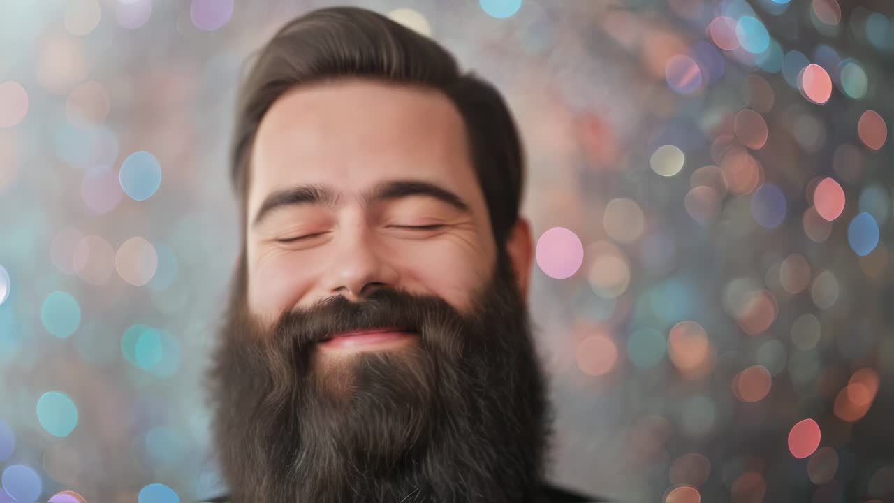 Elegant bearded male wearing black shirt and golden necklace, radiating calm joy with closed eyes against soft glittering background
