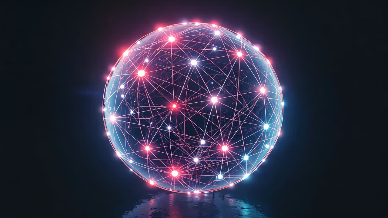 Una sfera incandescente rotante che rivela nodi e filamenti in movimento su una piattaforma riflettente