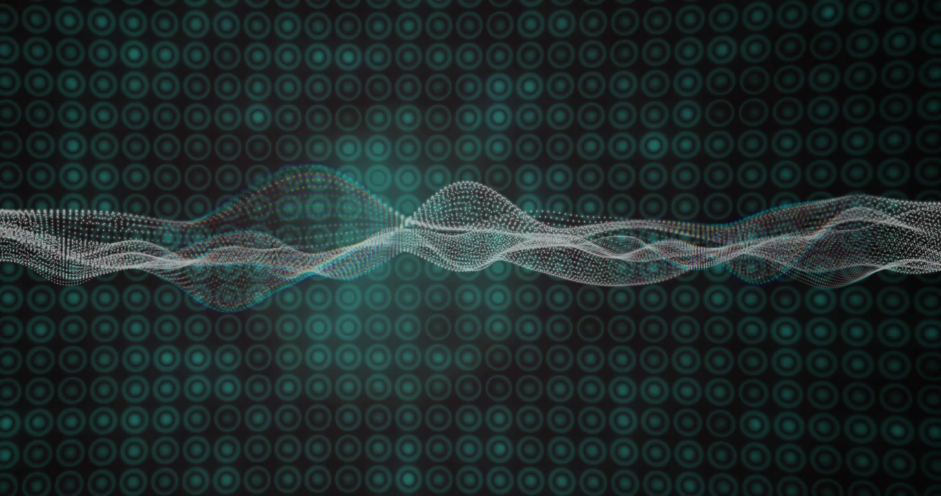Playback starting, white dotted waveform mesh pulsing across teal grid, visualizing data