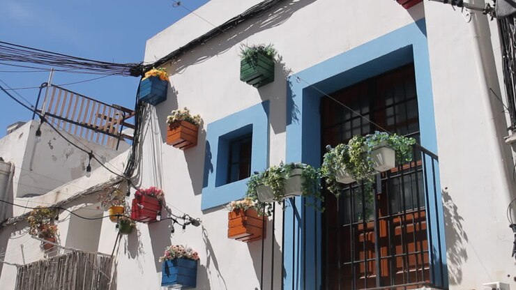 Building with colorful flower pots