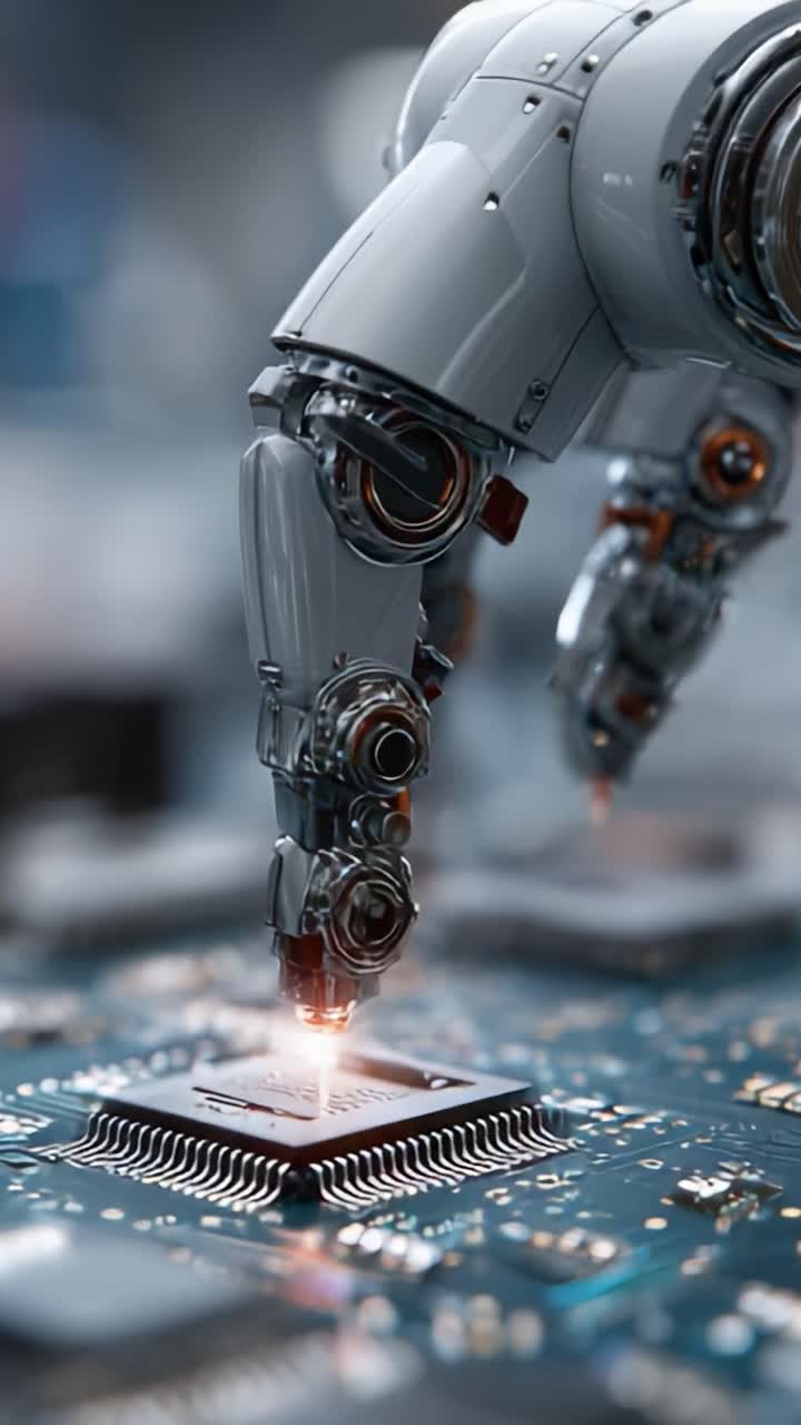 Nærbillede af en robotarm, der interagerer med en mikrochip på et printkort, hvilket fremhæver avanceret teknologi inden for robotteknologi og elektronik