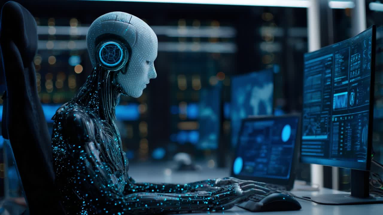 A sophisticated humanoid robot equipped with advanced headphones delves into complex data analysis on multiple monitors, showcasing cutting-edge technology and innovation in automation
