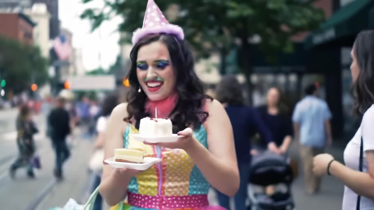 Joyful Celebration in the City: A Colorful Birthday Party with Cake and Laughter Amidst a Vibrant Urban Scene