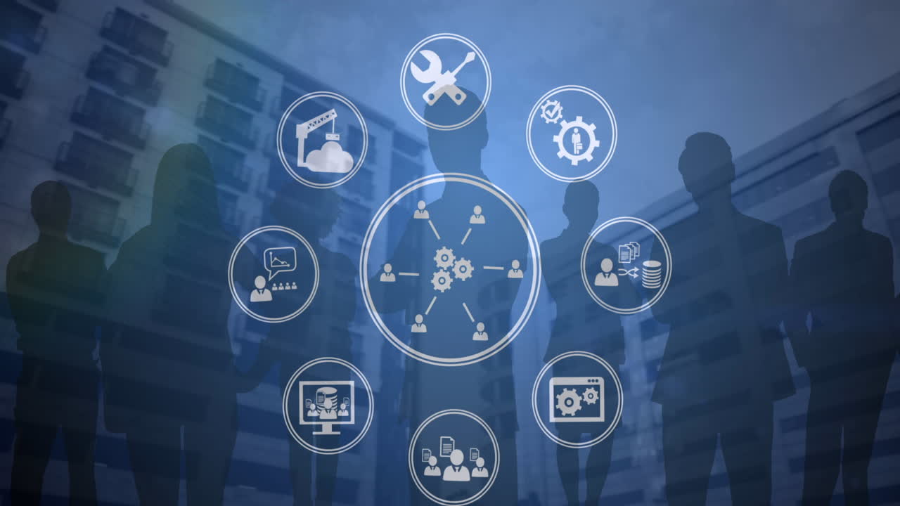 animación de una red de iconos digitales sobre siluetas de personas de negocios