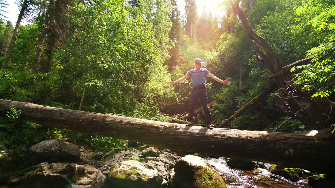 Man Wearing VR Headset Experiencing Forest in Virtual Reality