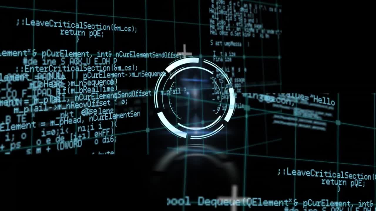 Animation of rotating safe lock over data processing on black background