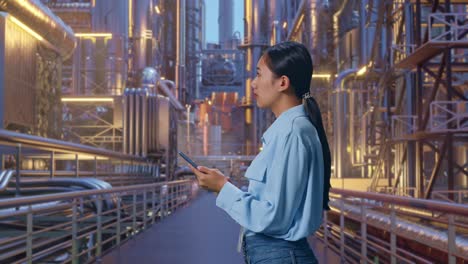 side view of an asian female professional worker standing at a vast oil refinery, observes by looking up then she come to concentrating on the phone and keep on checking