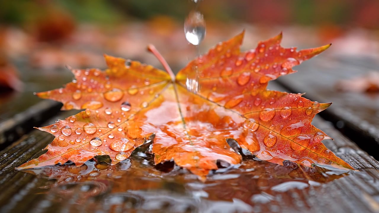 Primo piano di una foglia d'acero autunnale arancione con gocce di pioggia su legno