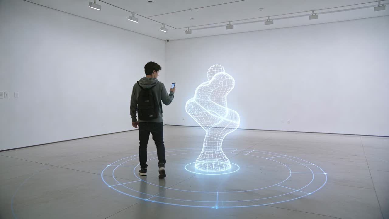 Entering adult with backpack holding smartphone circling holographic sculpture at gallery scanning
