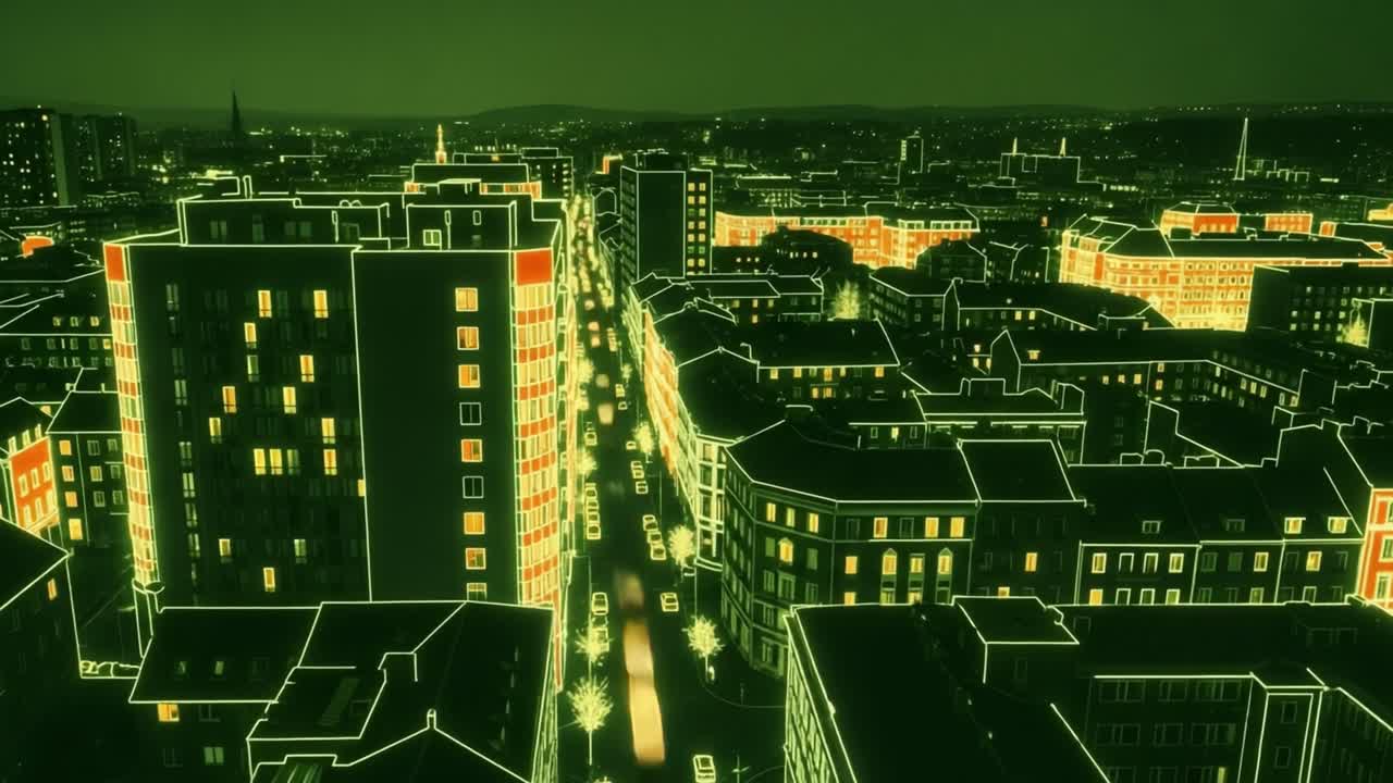 A Neon-Illuminated Urban Landscape: An Aerial View of a Vibrant City with Glowing Streets and Buildings at Night